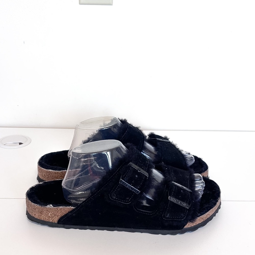 Birkenstock Mens Arizona Shearling Sandals 44 Black Suede Slide Comfort Outdoor